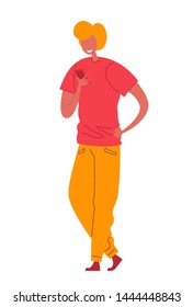 A man stands with a smartphone in his hand. Vector illustration of a guy in trendy multi-colored clothes.