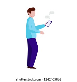 A man stands with a smartphone in his hands. The guy talks on the phone. The man corresponded in the chat. Vector illustration, white background. 
