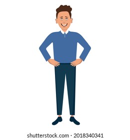 a man stands with a smile on his hands on his belt. male office worker isolated vector on white background