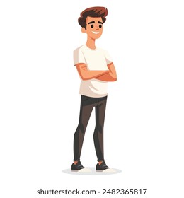 A man stands and smiles , full-length, simple minimalist illustration, flat illustration, isolated on a white background, one character