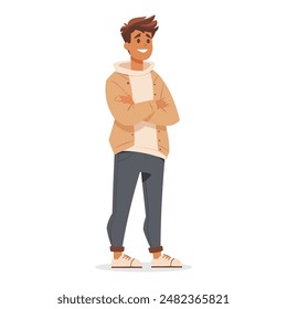 Un hombre se pone de pie y sonríe , larga duración, ilustración simple minimalista, ilustración plana, aislado sobre un fondo blanco, un carácter