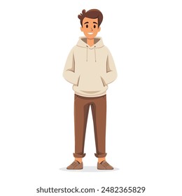 A man stands and smiles , full-length, simple minimalist illustration, flat illustration, isolated on a white background, one character