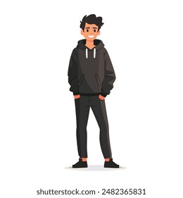Un hombre se pone de pie y sonríe , larga duración, ilustración simple minimalista, ilustración plana, aislado sobre un fondo blanco, un carácter