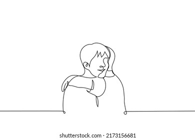 man stands smiling hugging someone - one line drawing vector. concept hug day, reconciliation, brotherly love, friends skinship, homosexual love