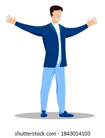 man stands smiling with wide open hands, arms outstretched for friendly greeting. Joy of new meeting. Open gesture of friendliness and acceptance. Vector