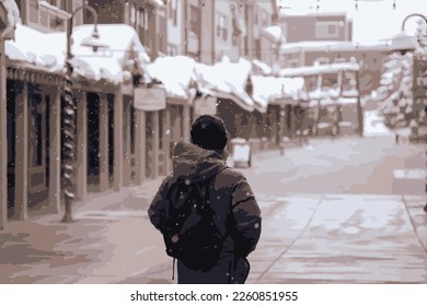 Man stands in snow wind's mist. On the building roofs, there is a thick layer of snow. In order to keep drivers and passengers safe from slick conditions and accidents, snow is cleared from the street