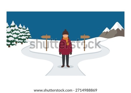 Man stands at snowy crossroads, facing choice between two paths with blank signposts, winter scene.