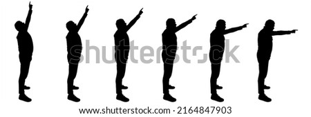 The man stands straight, with his hand showing the direction from top to bottom. A guy of a large build in a tracksuit and sneakers. Side view, full face. Six black male silhouettes isolated on white	
