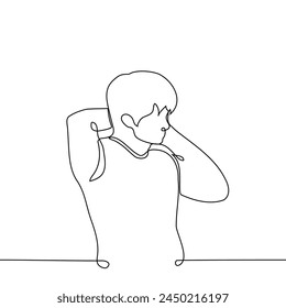 man stands stretching his neck holding with both hands - one line vector. self-massage concept.Hand made  vector not AI