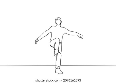 Man Stands Swinging His Leg For A Kick - One Line Drawing Vector. Concept Of Kick It, Rush In, Open Door With Foot, Aggression,  Balance On One Leg