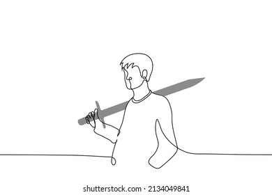 man stands with sword behind back - one line drawing vector. concept of aggressiveness and barbarism, willingness to attack and use physical violence, sword collector, cosplayer, sword smith