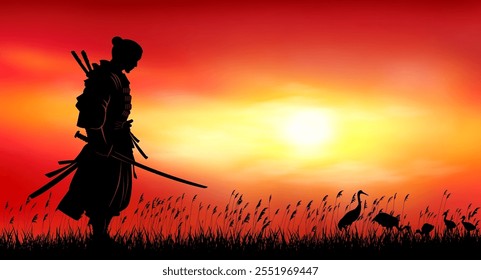 Um homem está de pé com uma espada em suas mãos contra o fundo de um pôr do sol. Samurai faz exercícios com uma espada. pôr do sol vermelho.