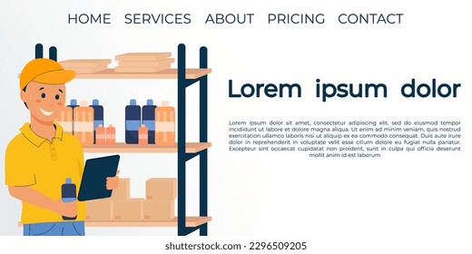 A man stands with a tablet near a rack of merchandise, taking inventory, assembling an order. Sales concept. Vector illustration for poster, banner, website, advertising.