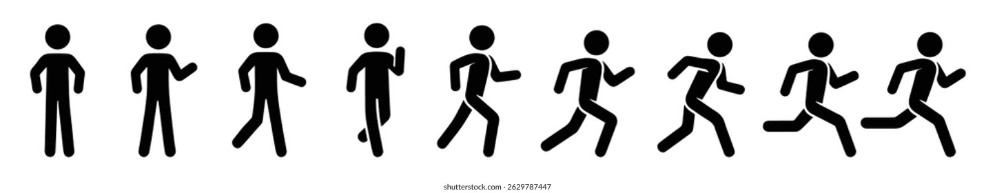 man stands talking and running, stick figure different poses, set of isolated pictograms of human silhouettes, simple icons, body man gestures