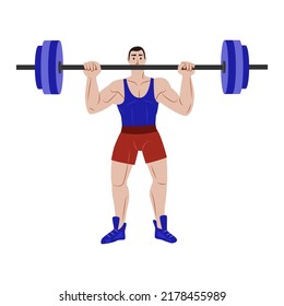 A man stands tall and holds a barbell in front of him. Vector flat illustration isolated on a white background.