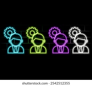 El hombre se para tenso pensando con una mano a la cara lluvia de ideas, la persona inteligente reflexiona, toma una decisión icono de neón resplandor concepto de Ilustración vectorial