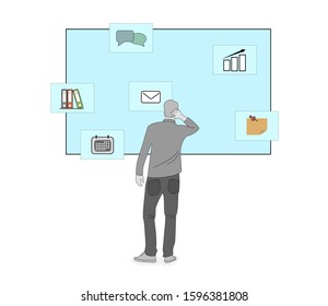 a man stands thinking about a choice. selection of desktop icons. vector illustration.