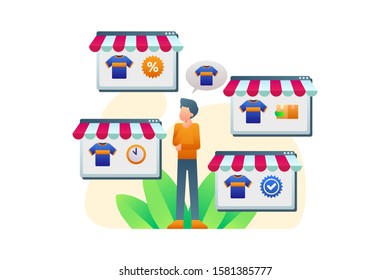 A Man Stands Up And Thinks And Comparing The Best And Cheapest Products From Various Online Stores. E-commerce Vector Illustration For Background And Banner Element 