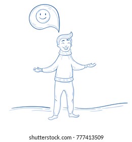 Man stands and thinks positive. Smile happy thought about something. Cute male in hand drawn illustration style