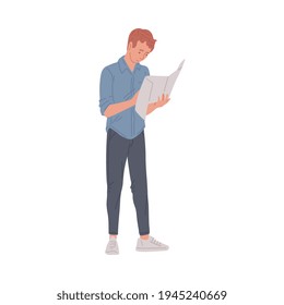 El hombre se para en los pensamientos con un mapa en las manos, una ilustración plana vectorial aislada.