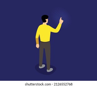 man stands to touch the interface in the virtual world