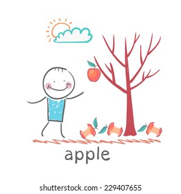 a man stands with a tree on which apples