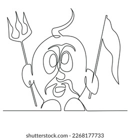 Сartoon man stands with a trident and flag in his hands. Editable vector minimalistic black and white image made in continuous one-line art technique