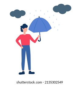 A man stands with an umbrella in the rain. Vector illustration in flat style