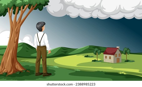 A man stands under a tree, gazing at a house in a serene rural area surrounded by trees and mountains under overcast weather