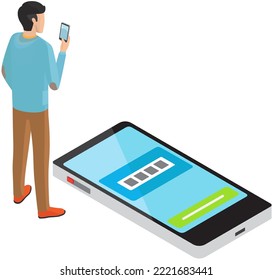 Man stands uses smartphone, browsing or chatting, texting or watching videos. Vector male character with phone checks charge of phone. Person with cellphone, guy communicating by mobile gadget