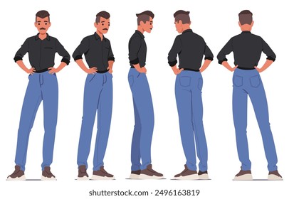 Man Stands In Various Poses And Angles To Highlight Different Aspects Of His Attire And Physique. Male Character Wears Stylish Black Shirt Paired With Light Blue Jeans Standing in a Confident Posture