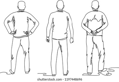 the man stands in various poses with his back. a set of drawings by one line