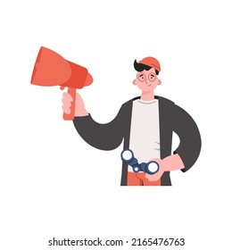 A man stands waist-deep with binoculars. Isolated. Element for presentations, sites. Vector illustration