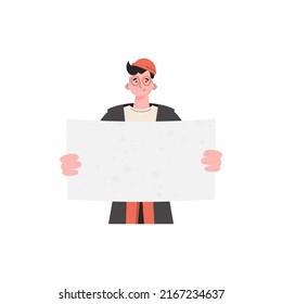 A man stands waist-deep with a blank banner in his hands. Isolated. Flat style. Element for presentations, sites. Vector illustration