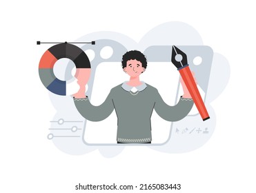 A man stands waist-deep with a color wheel and a pen tool. Creation. Element for presentations, sites. Vector illustration