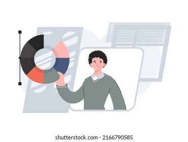 A man stands waist-deep with a color wheel. Design. Element for presentations, sites. Vector illustration