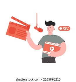 A man stands waist-deep holding a clapperboard film. Isolated. Element for presentations, sites. Vector illustration