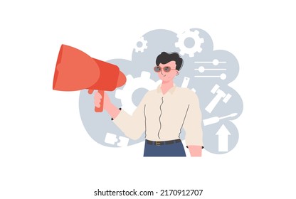A man stands waist-deep holding a loudspeaker. Search. Element for presentation. Vector illustration