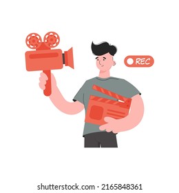 A man stands waist-deep, holding a movie clapperboard and a video camera. Isolated. Element for presentations, sites. Vector illustration