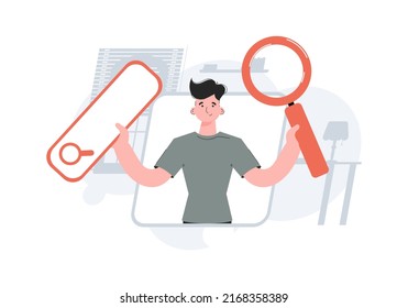 A man stands waist-deep holding a web search bar and a magnifying glass. Search. Element for presentations, sites. Vector illustration