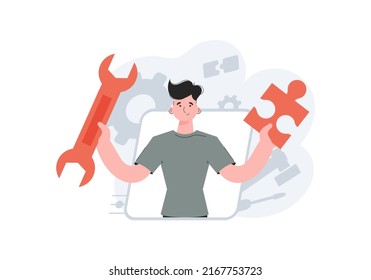 A man stands waist-deep holding a wrench and a puzzle. Tech support. Element for presentations, sites. Vector illustration