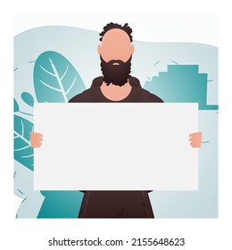 A man stands waist-deep and holds a blank sheet in his hands. Place for your advertisement. Cartoon style. Vector illustration
