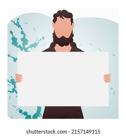 A man stands waist-deep and holds a blank sheet in his hands. Rally. Cartoon style. Vector illustration