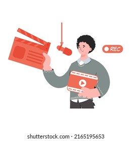 A man stands waist-deep and holds a clapperboard in his hands. Isolated. Element for presentations, sites. Vector illustration