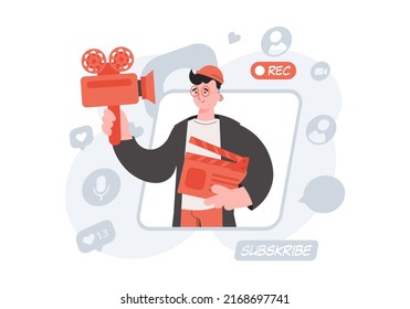 A man stands waist-deep and holds a clapperboard in his hands. Blogging. Element for presentations, sites. Vector illustration