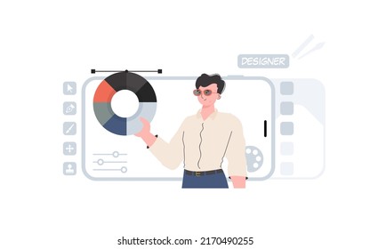 A man stands waist-deep and holds a color palette. Design. Element for presentation. Vector illustration