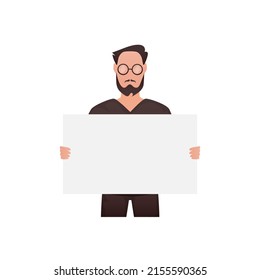 A man stands waist-deep and holds an empty space for advertising in his hands. Isolated. Cartoon style. Vector illustration