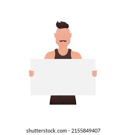 Un hombre de pie con la cintura y con una pancarta vacía en las manos. Aislado. Estilo de caricatura. Ilustración del vector