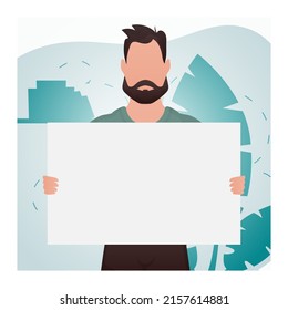 A man stands waist-deep and holds an empty sign in his hands. Place for your advertisement. Cartoon style. Vector illustration