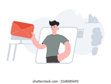 A man stands waist-deep and holds an envelope with a letter. Communications. Element for presentations, sites. Vector illustration